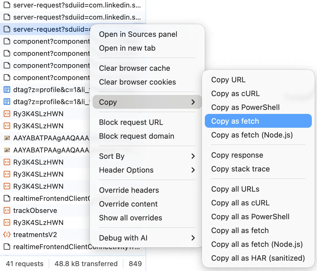 複製編輯 LinkedIn 專案的 request