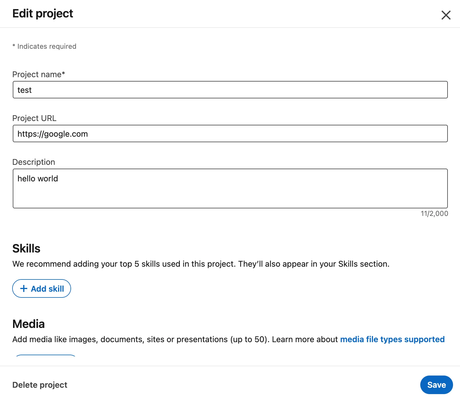 LinkedIn Project Page with Editable URL Field
